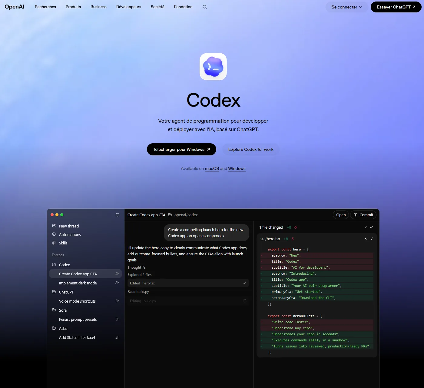 Aperçu de l'interface de Codex.
