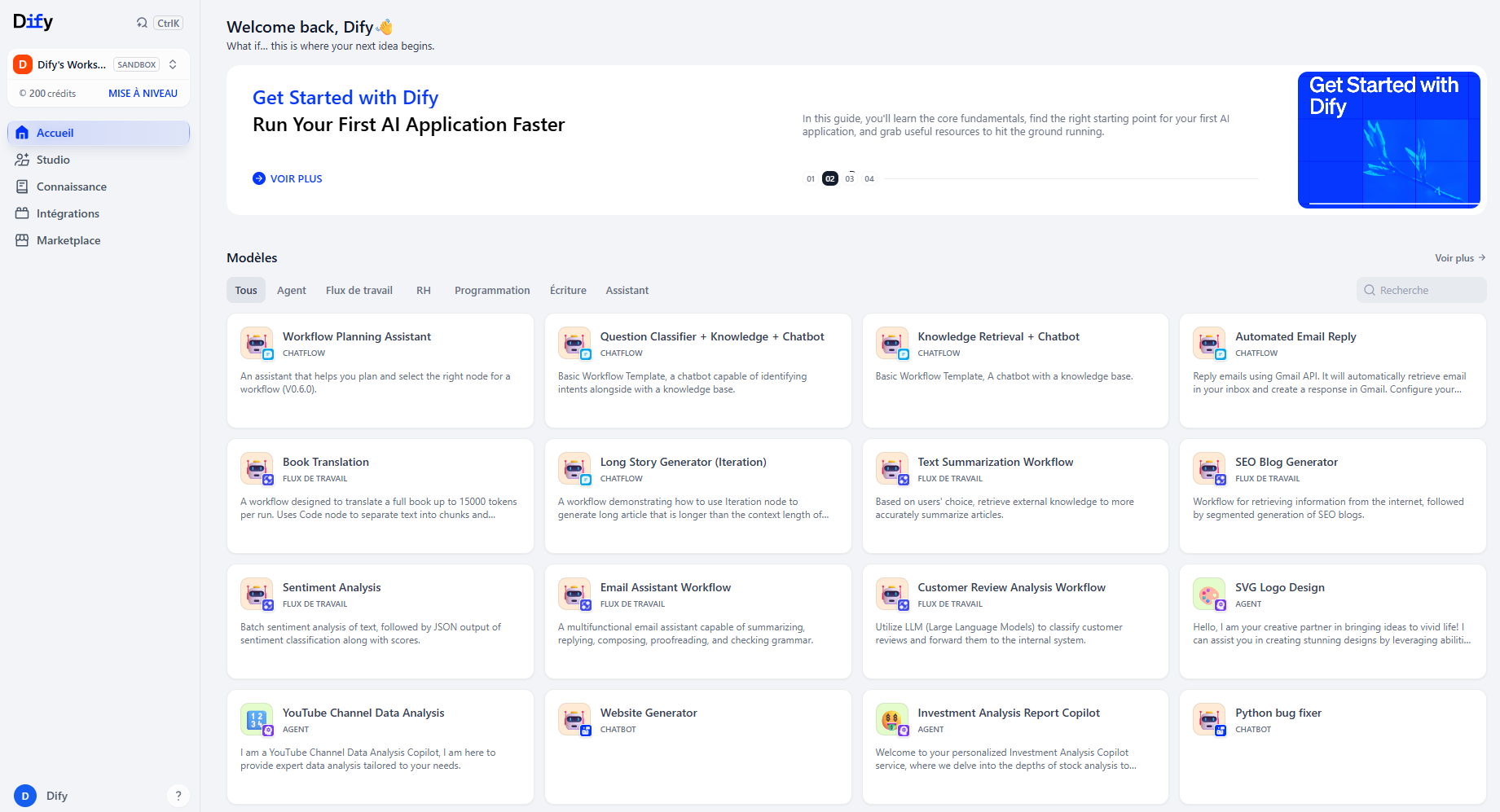 Aperçu de l'interface de Dify.