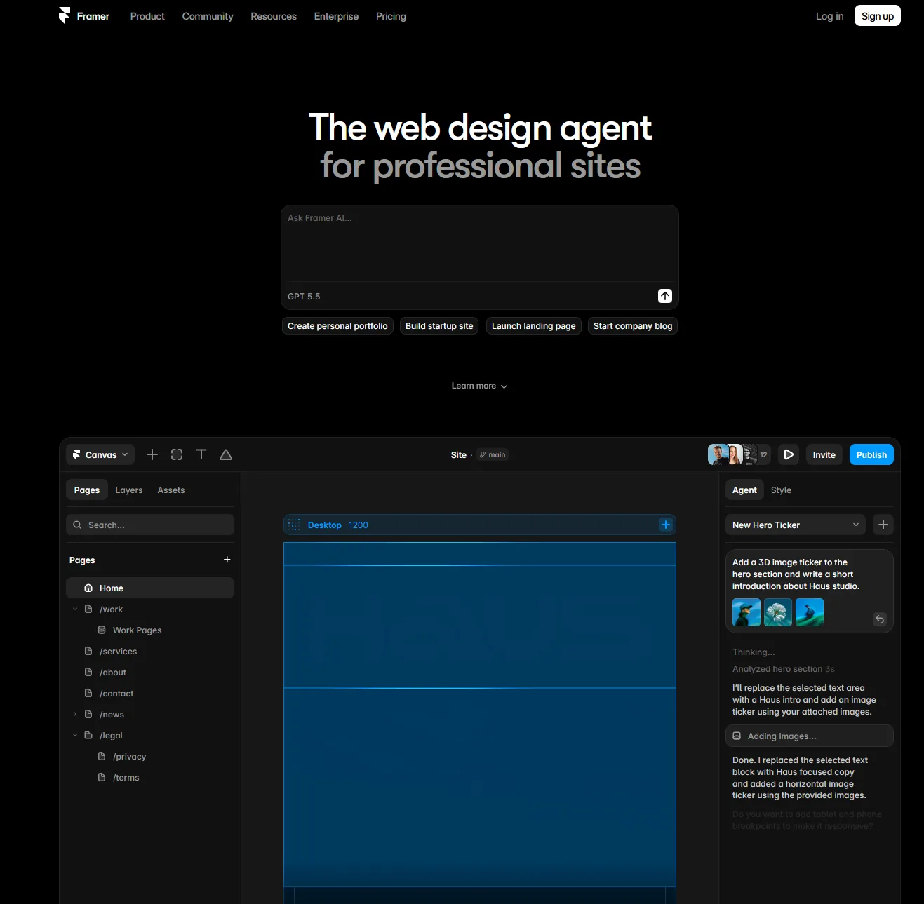 Aperçu de l'interface de Framer.
