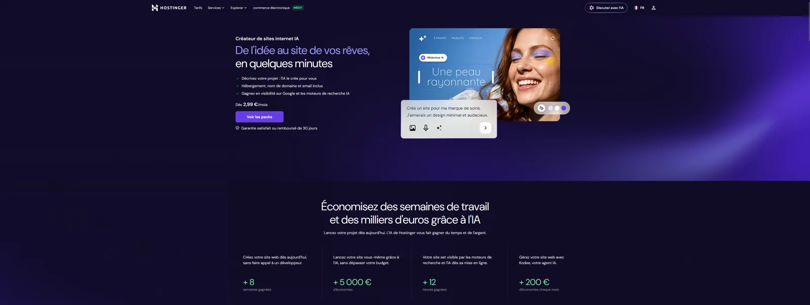 Aperçu de l'interface de Hostinger AI.