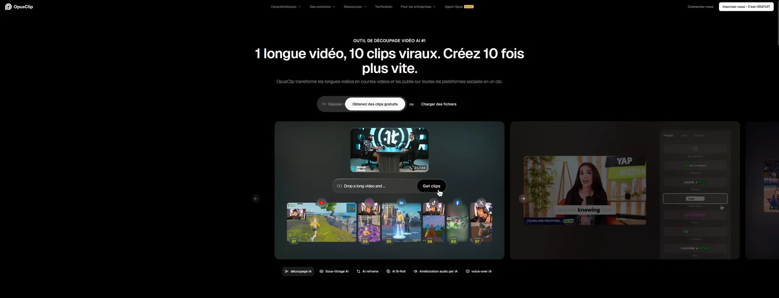 Aperçu de l'interface de Opus Clip.
