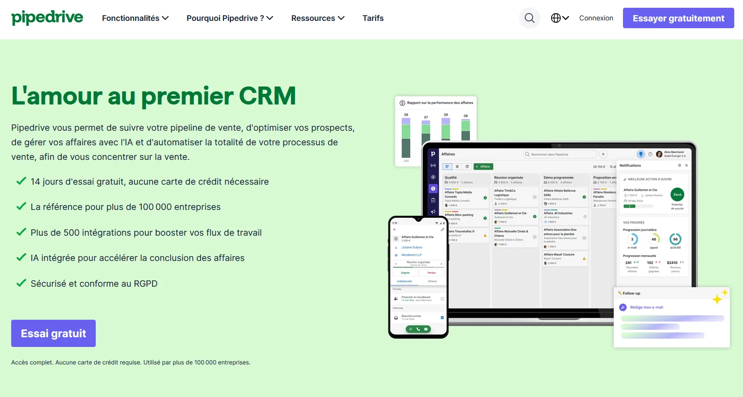 Aperçu de l'interface de Pipedrive.
