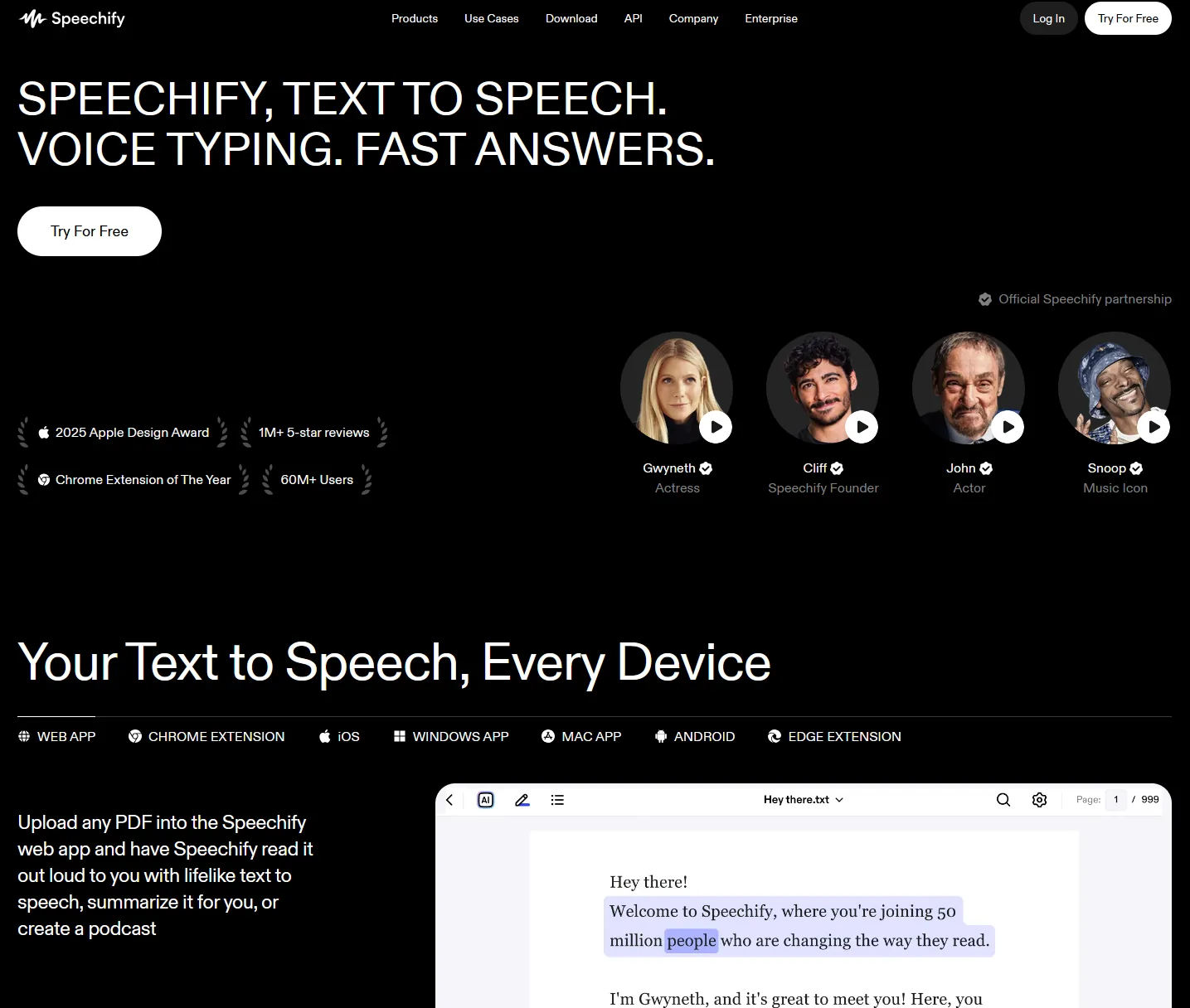Aperçu de l'interface de Speechify.