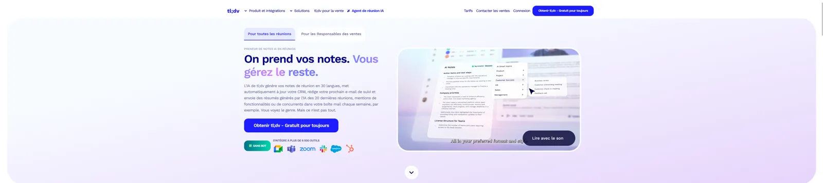 Aperçu de l'interface de tl;dv.